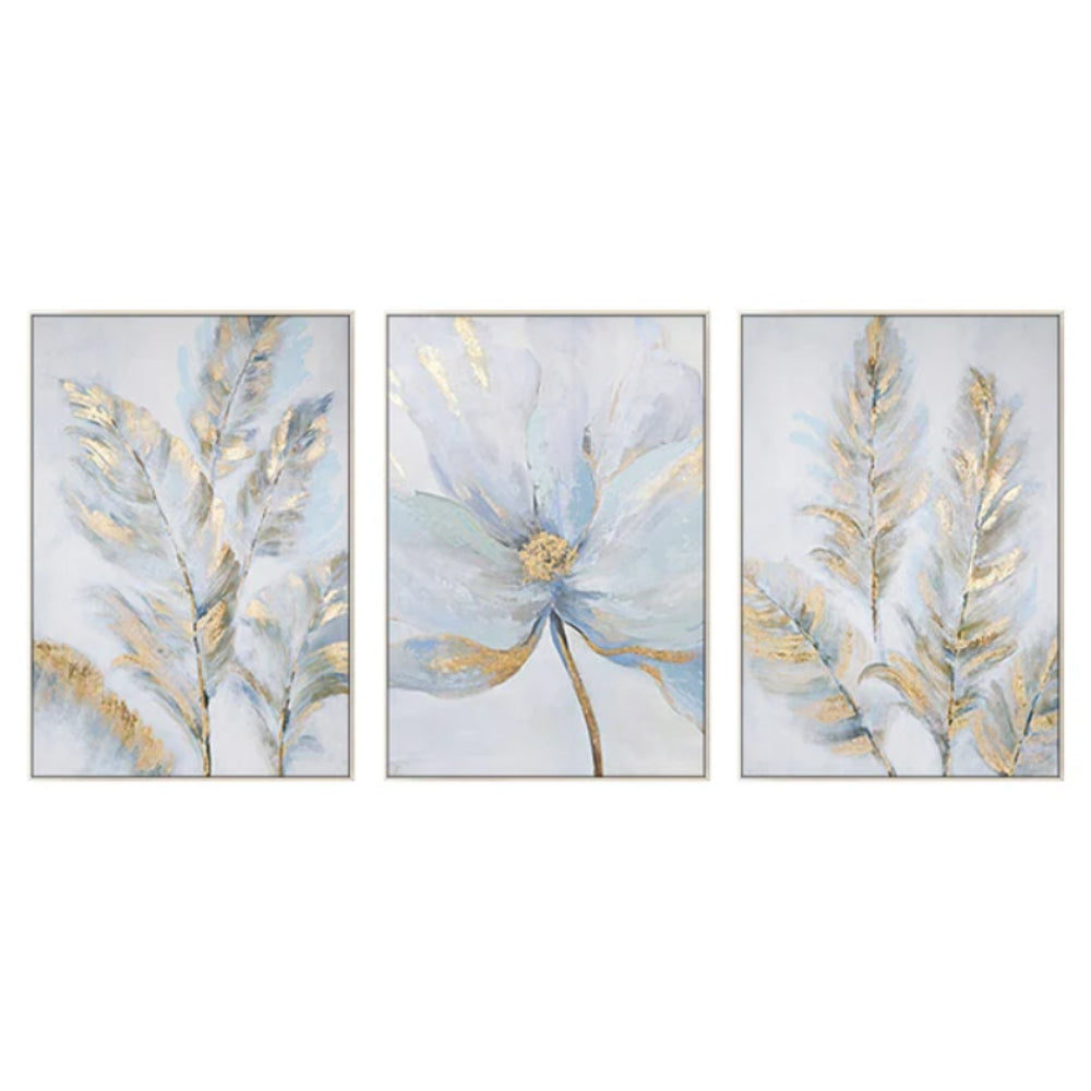 A set of 3 light-colored canvas paintings with golden flowers