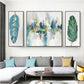 Abstract green feather 3-panel wall art hand painted canvas