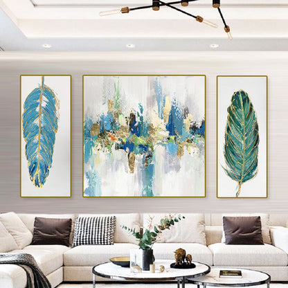 Abstract green feather 3-panel wall art hand painted canvas