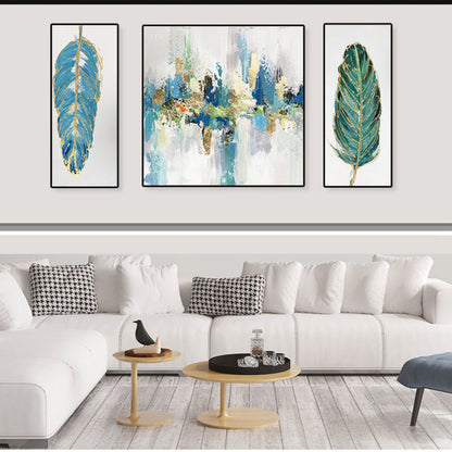 Abstract green feather 3-panel wall art hand painted canvas