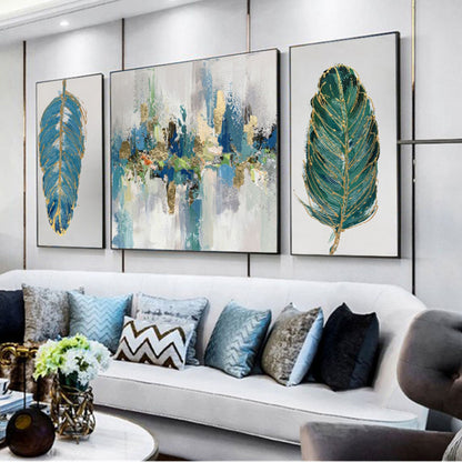 Abstract green feather 3-panel wall art hand painted canvas