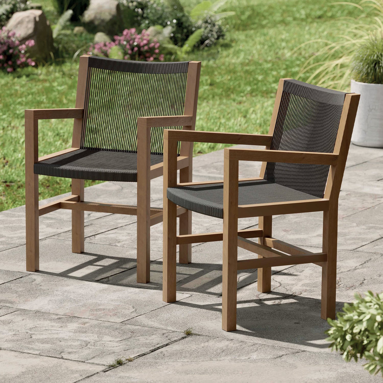 Pair of Mylor Outdoor Arm Chairs Teak and Poly Rope by Garden Trading