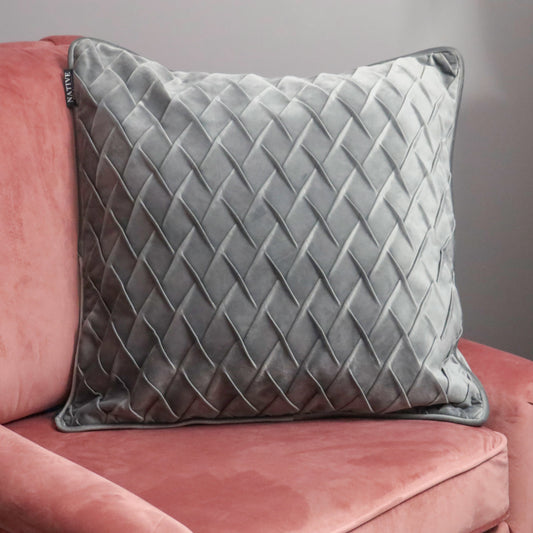 Diamond Pattern Feather Filled Grey Velvet Cushion