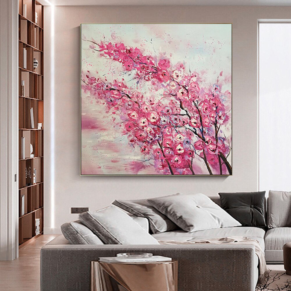 A modern handmade acrylic painting of pink colour textured flowers
