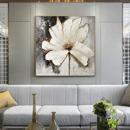 Abstract large white flowers thick oil hand painted canvas