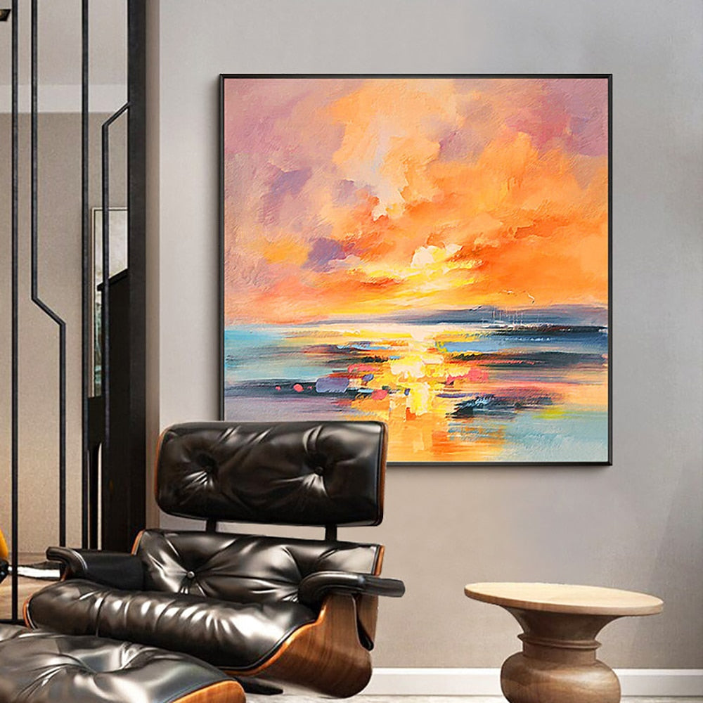 Modern colourful landscape oil painting of a sunset