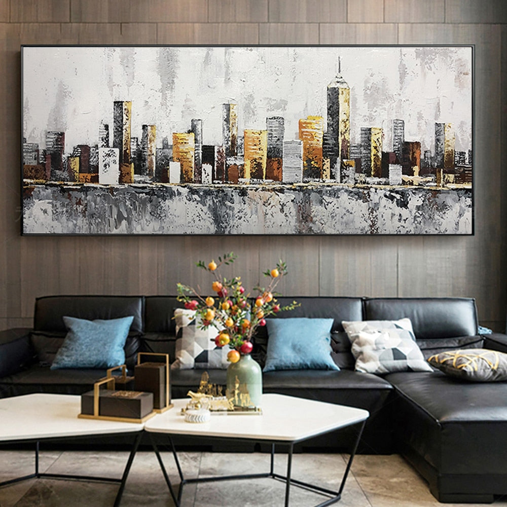 Handmade oil painting on canvas of an abstract cityscape