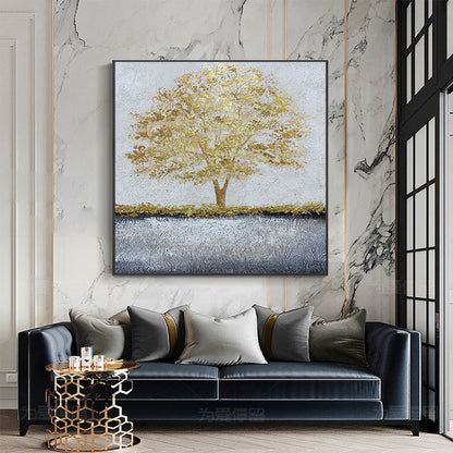 Modern abstract gold foil tree textured hand painted canvas