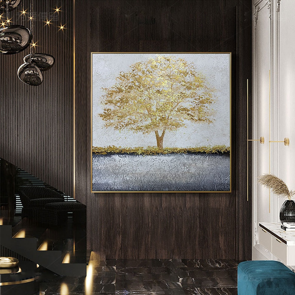 Modern abstract gold foil tree textured hand painted canvas