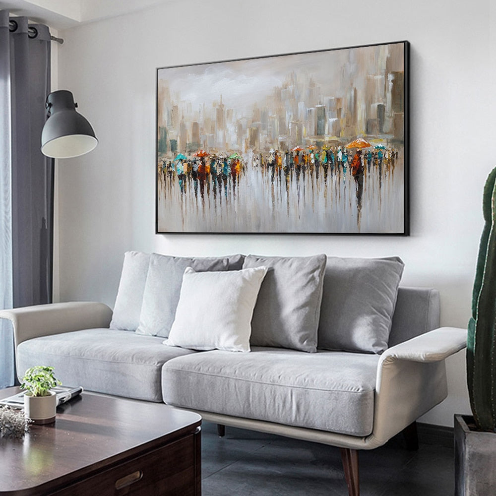 An abstract stylish handmade oil painting depicting a metropolitan city on a large canvas 