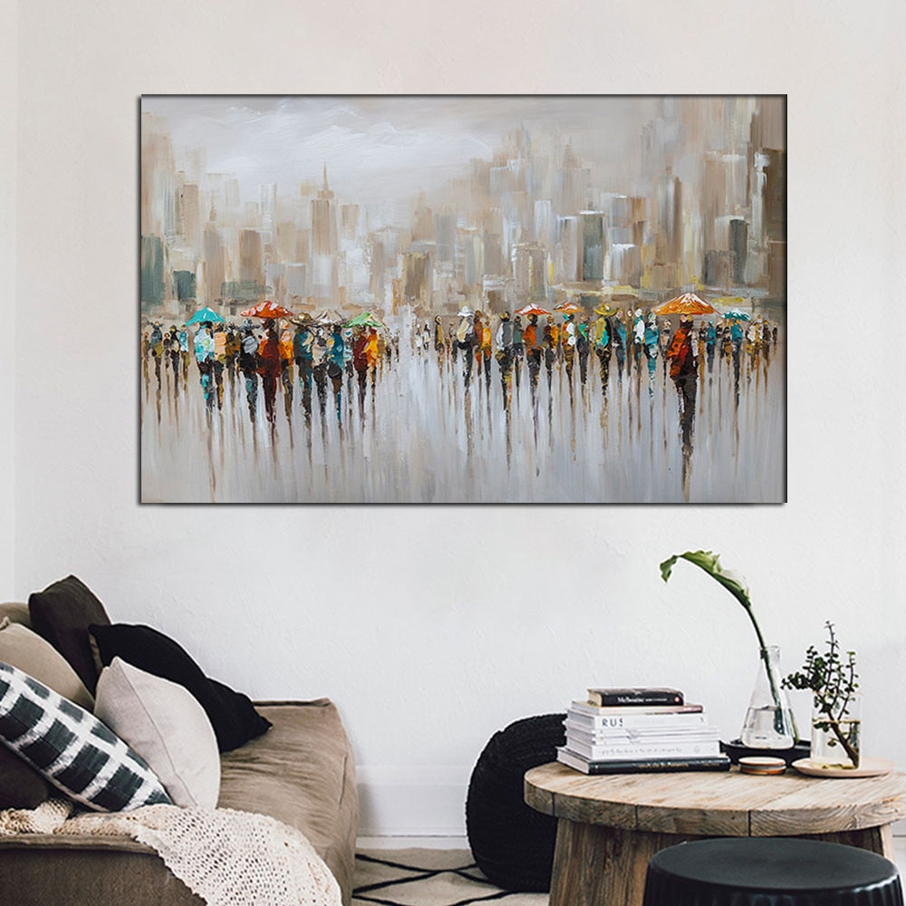 An abstract stylish handmade oil painting depicting a metropolitan city on a large canvas 