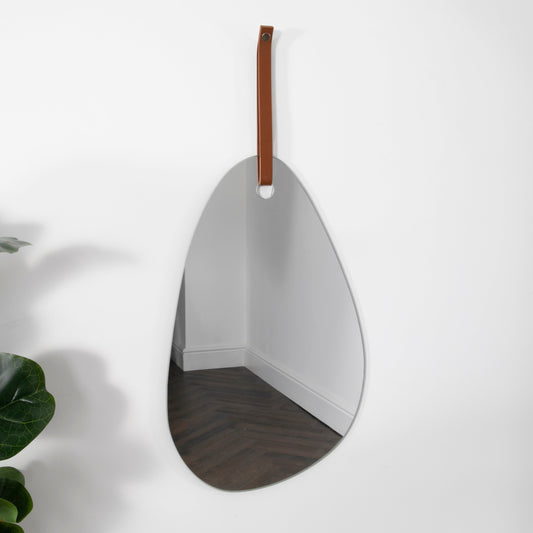 Modern Pebble Shaped Mirror & Brown Leather Hanging Strap