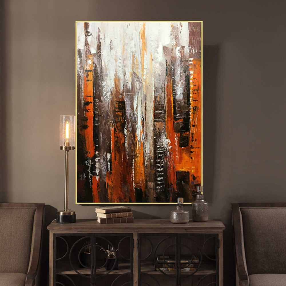 Modern abstract oil painting of a city landscape on canvas