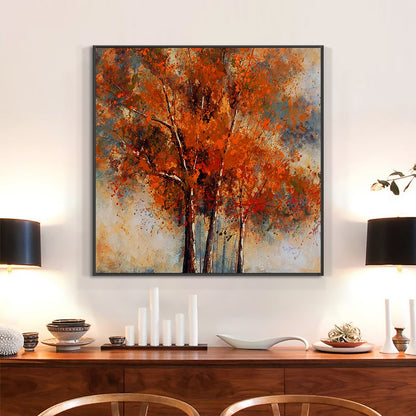 100% hand painted blooming red tree with yellow leaves wall art canvas