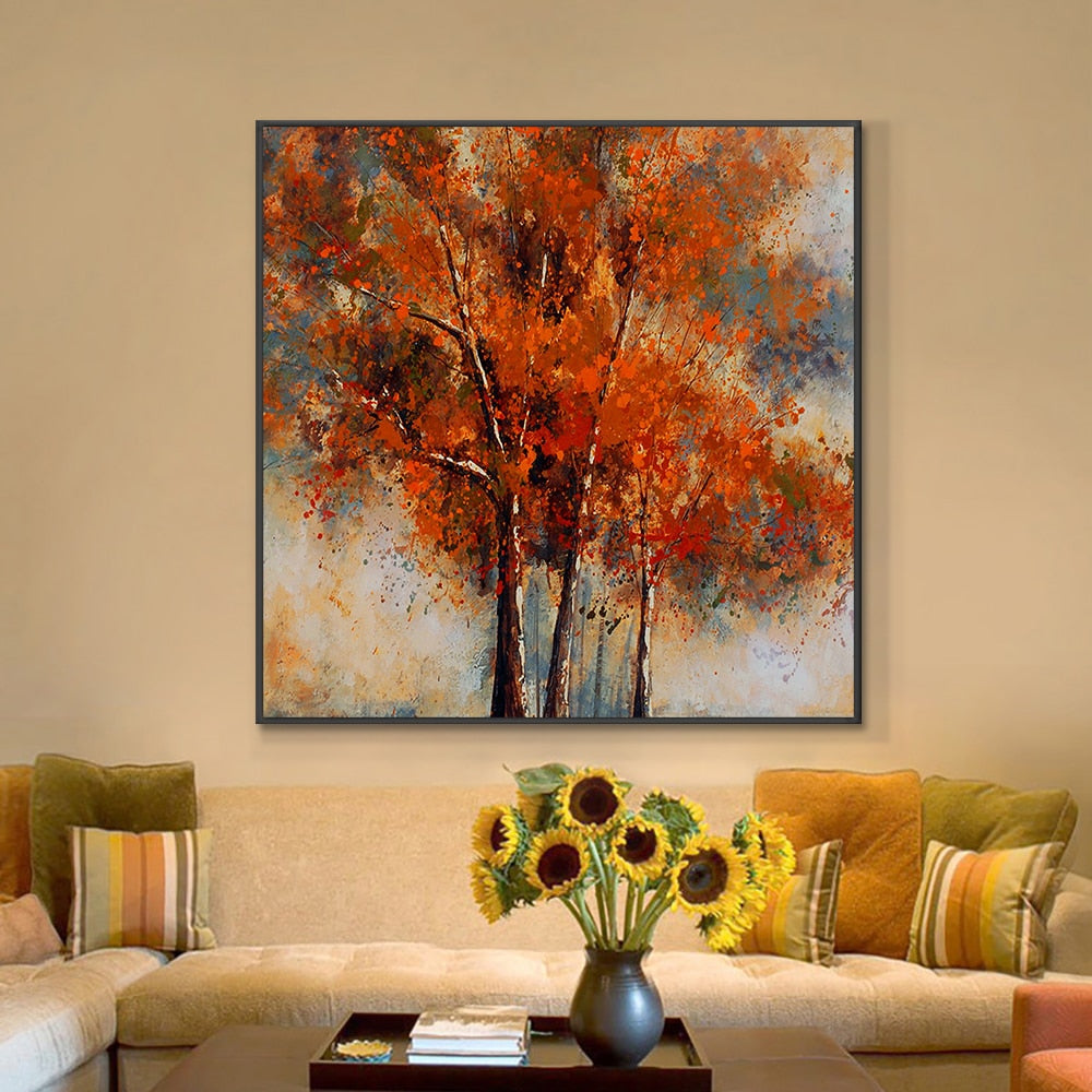 100% hand painted blooming red tree with yellow leaves wall art canvas