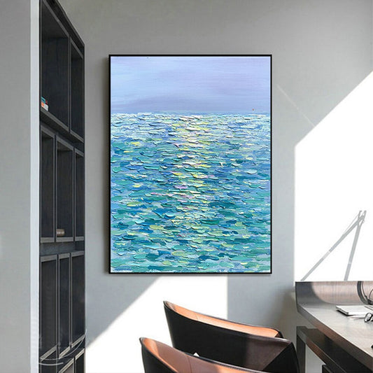 Abstract gold, green and blue landscape painting on canvas