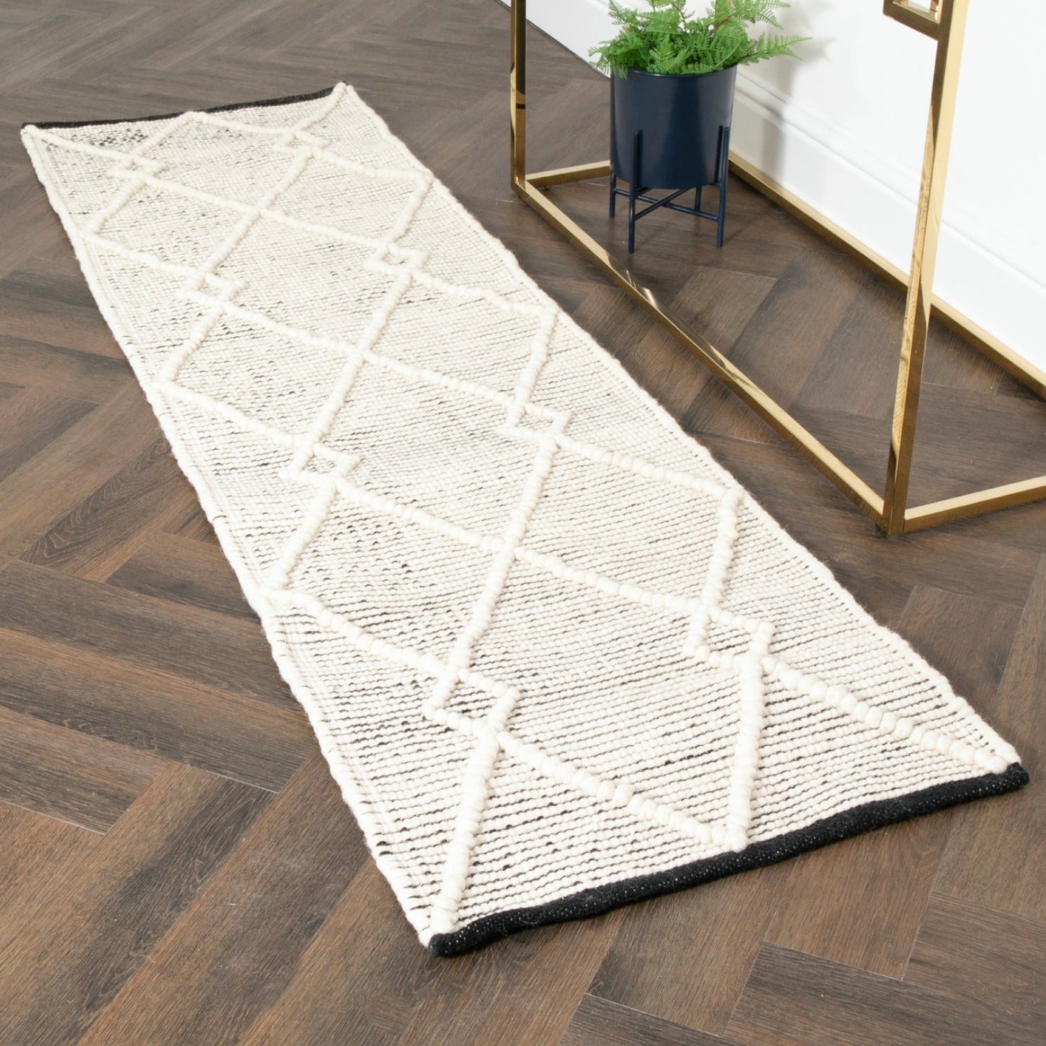 Cream & black diamond pattern wool rug by Native