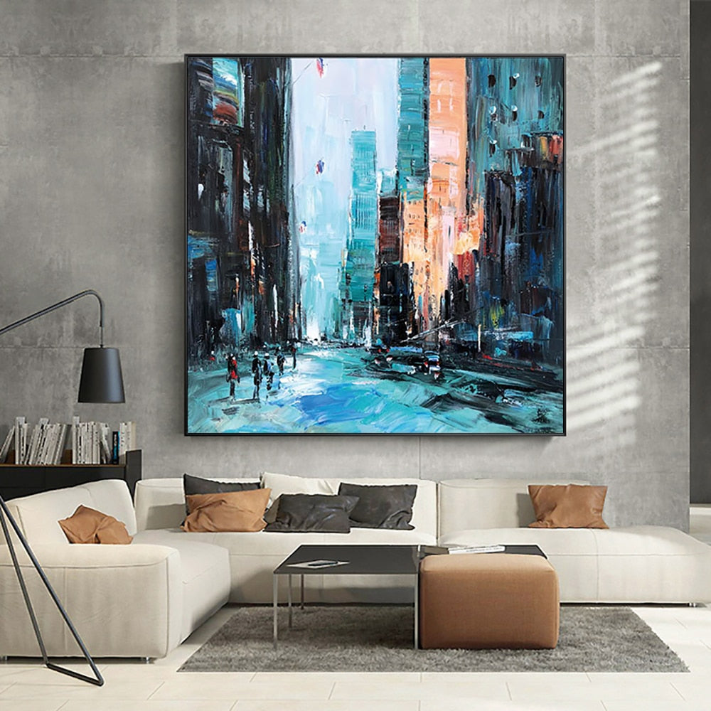 Hand-painted abstract wall art of a city architecture