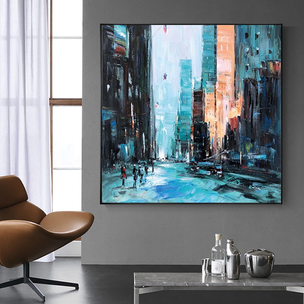 Hand-painted abstract wall art of a city architecture