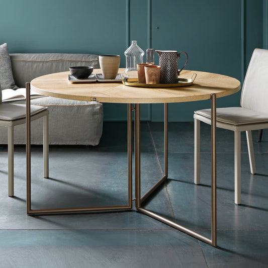 Altacom Icaro folding table fully open as round dining table with metal base and wood top