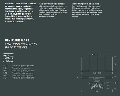 Altacom Levante transforming coffee table base finishes and dimensions diagram showing metal colour options and extendable table measurements