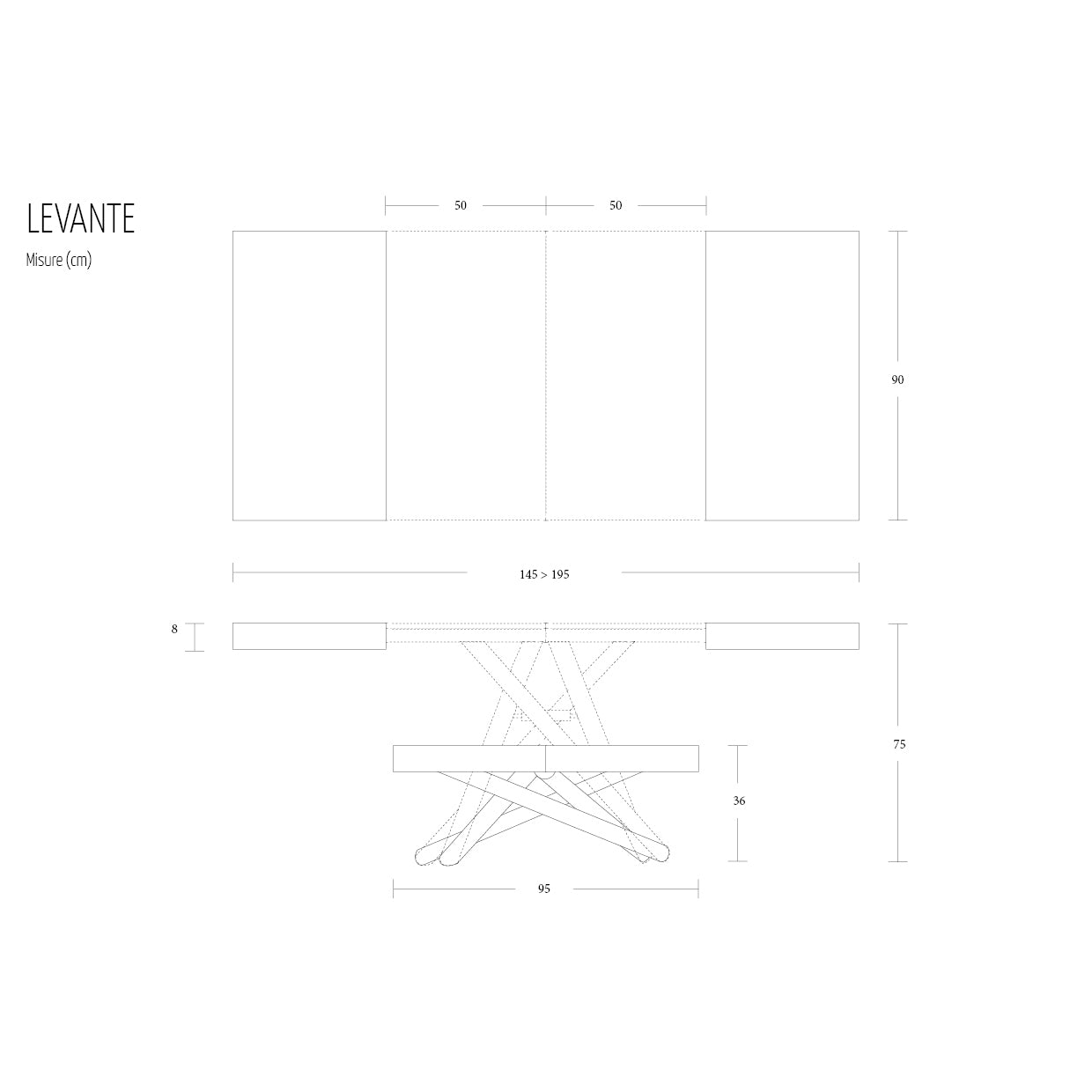 Altacom Levante transforming coffee table technical drawing with dimensions showing extendable dining table sizes and height adjustment