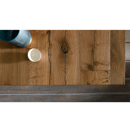Altacom Levante transforming coffee table with rustic oak veneer top detail and metal base, extendable space-saving furniture made in Italy