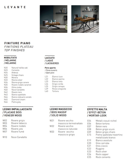 Altacom Levante transforming coffee table top finishes chart showing melamine lacquered oak veneer and mortar effect options