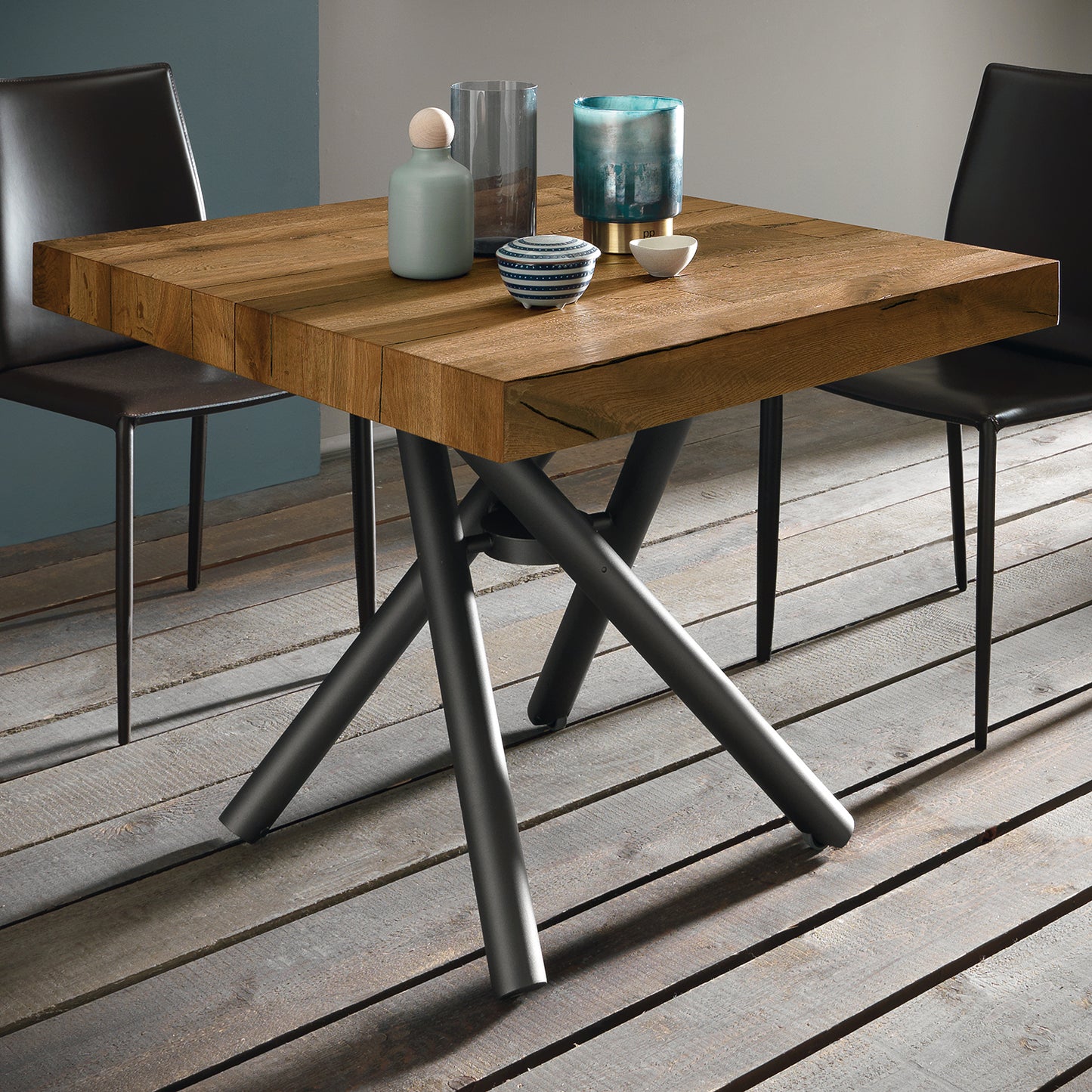 Altacom Levante transforming coffee table extended to dining table in wood finish with metal base, space-saving furniture made in Italy