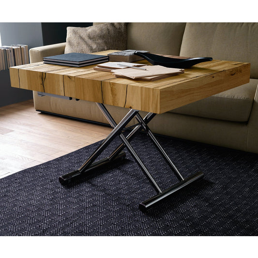 Altacom Tavoletto convertible table raised to dining height with wood top and metal lifting base