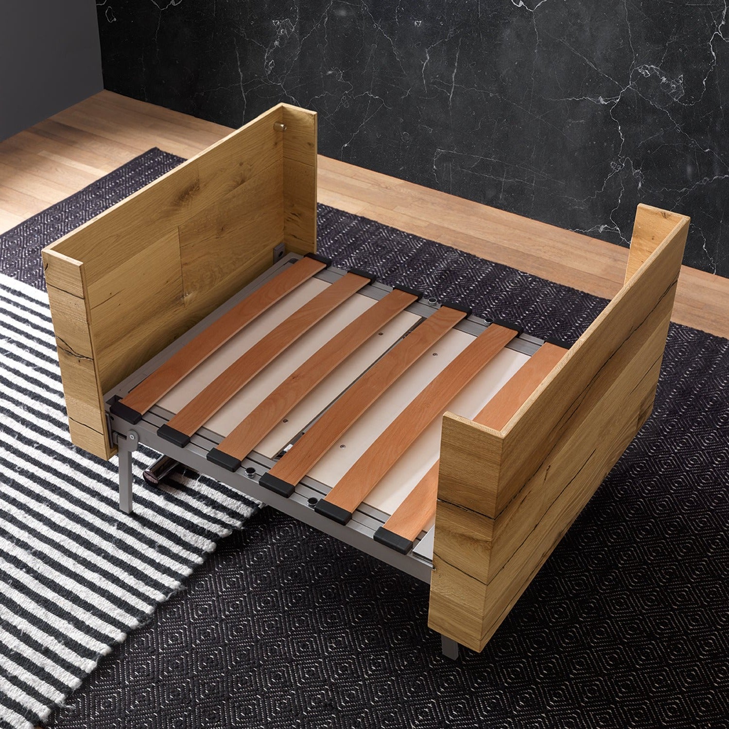 Altacom Tavoletto convertible table bed frame with wooden slats fully extended showing structure and support
