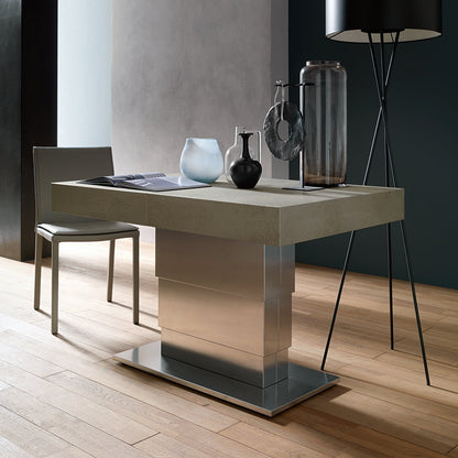 Ares Mega convertible table in closed position as compact coffee table with wood finish and central base