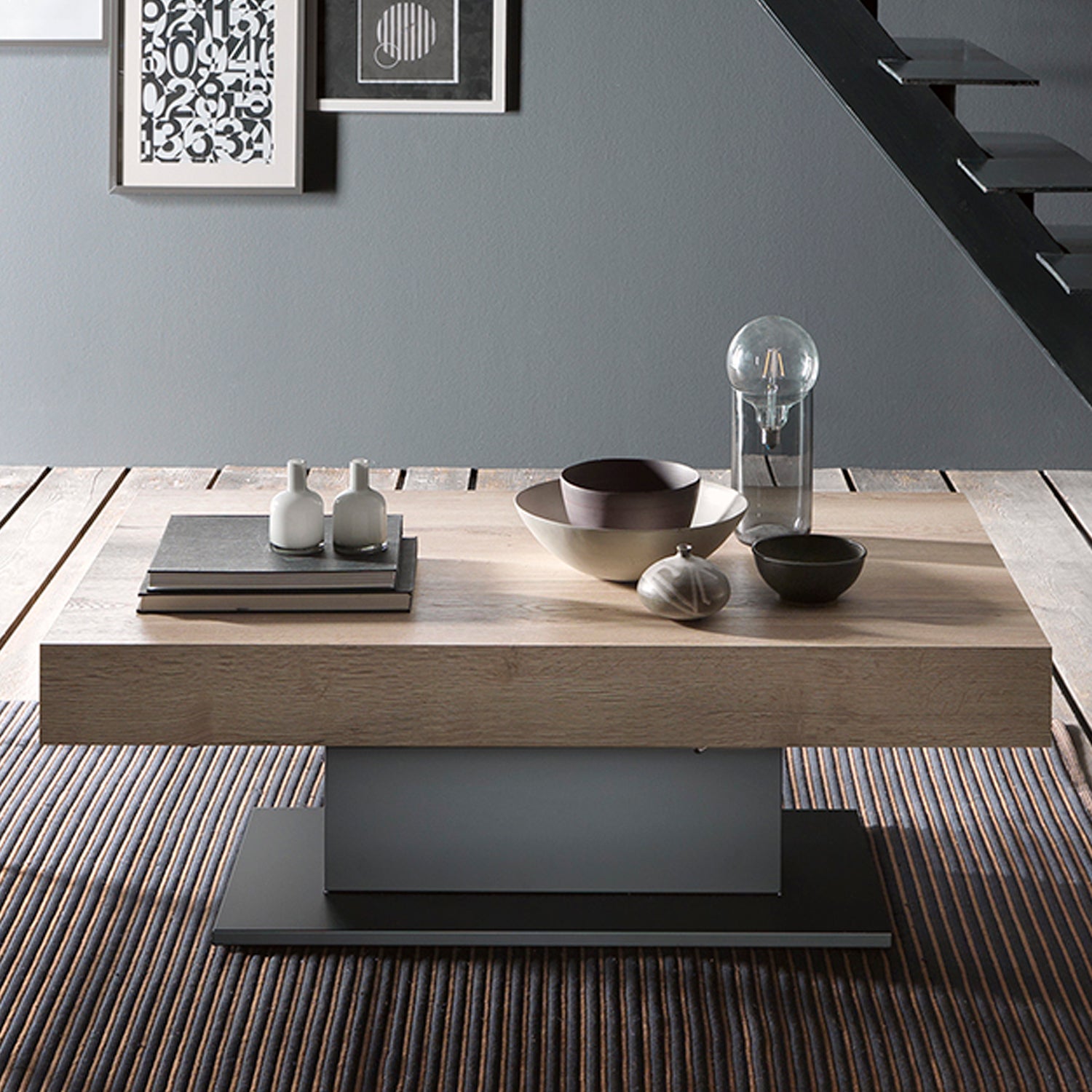 Ares Wing Altacom convertible table in closed position as modern coffee table with wood top and central base