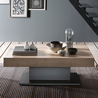 Ares Wing Altacom convertible table in closed position as modern coffee table with wood top and central base