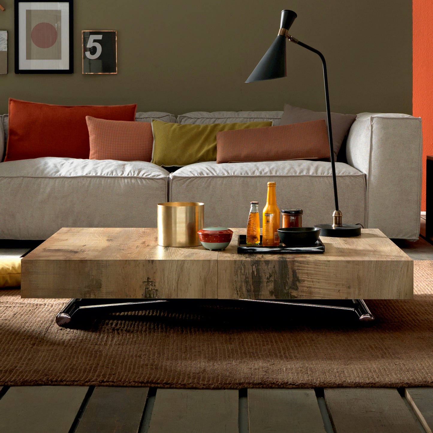Assist convertible coffee table by Altacom in closed position with wood finish in modern living room setting
