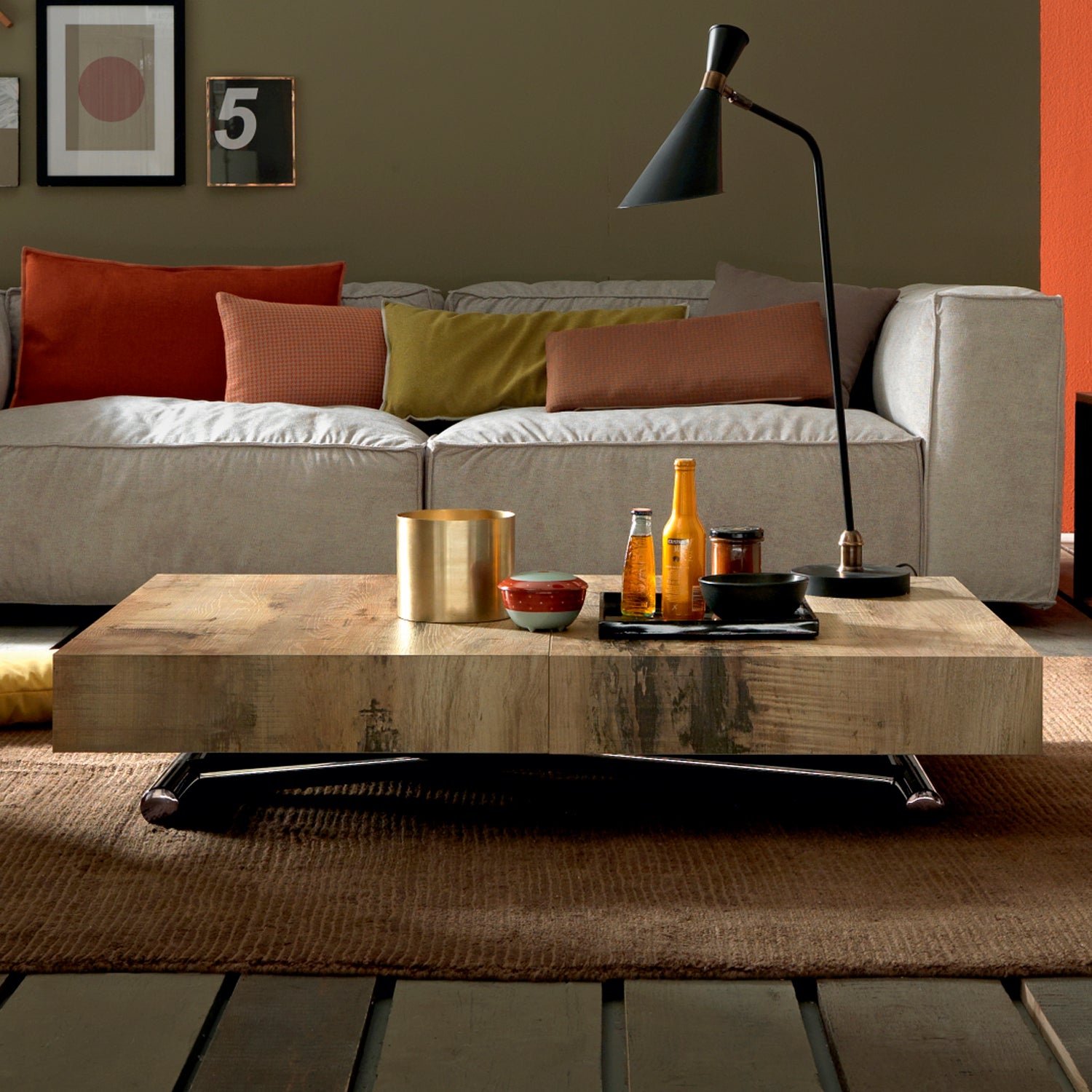 Assist convertible coffee table by Altacom in closed position with wood finish in modern living room setting