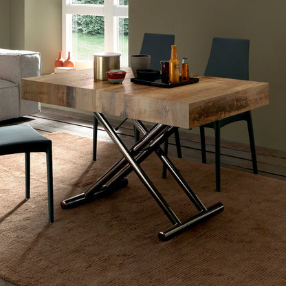 Assist convertible table by Altacom raised to dining height showing gas lift scissor mechanism with chairs