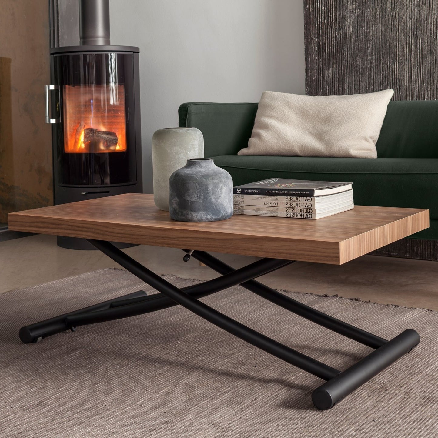 adjustable convertible coffee table showing gas lift mechanism in mid height position