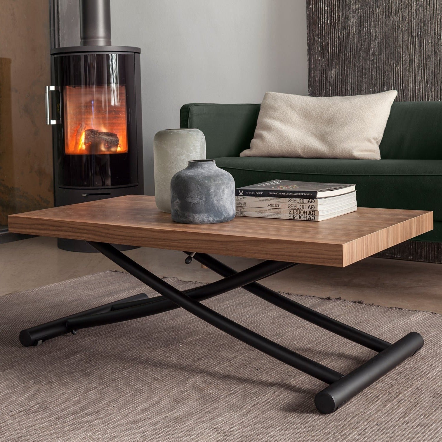 adjustable convertible coffee table showing gas lift mechanism in mid height position