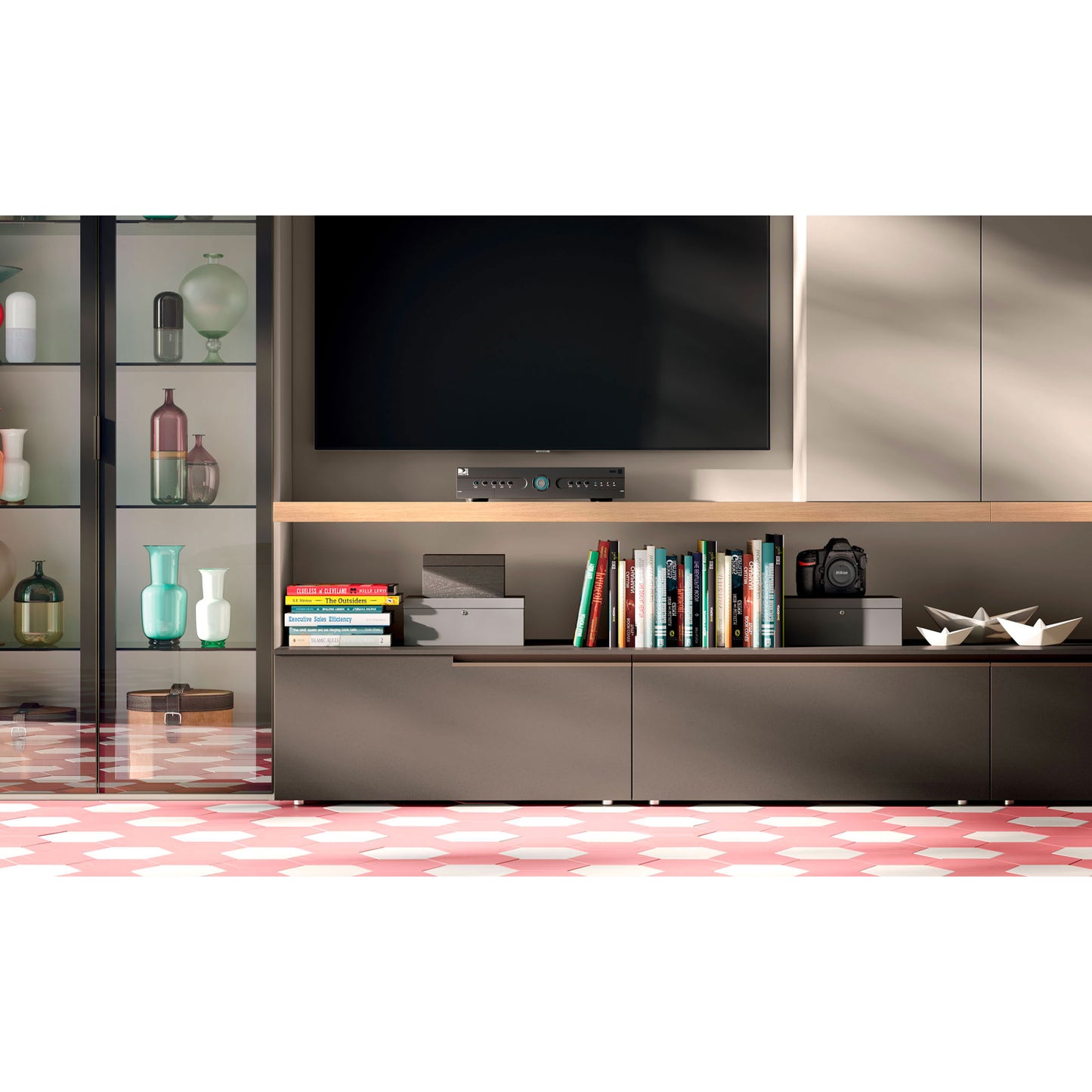 Light Day 22 TV Media with storage and glass doors by Orme Design