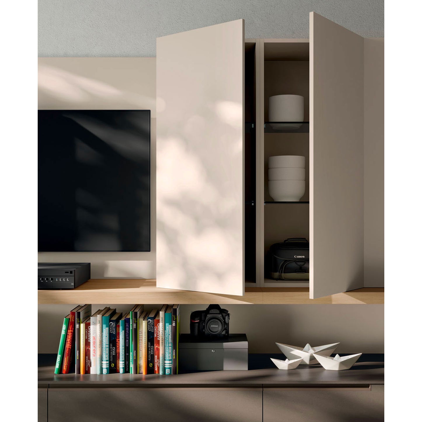 Light Day 22 TV Media with storage and glass doors by Orme Design