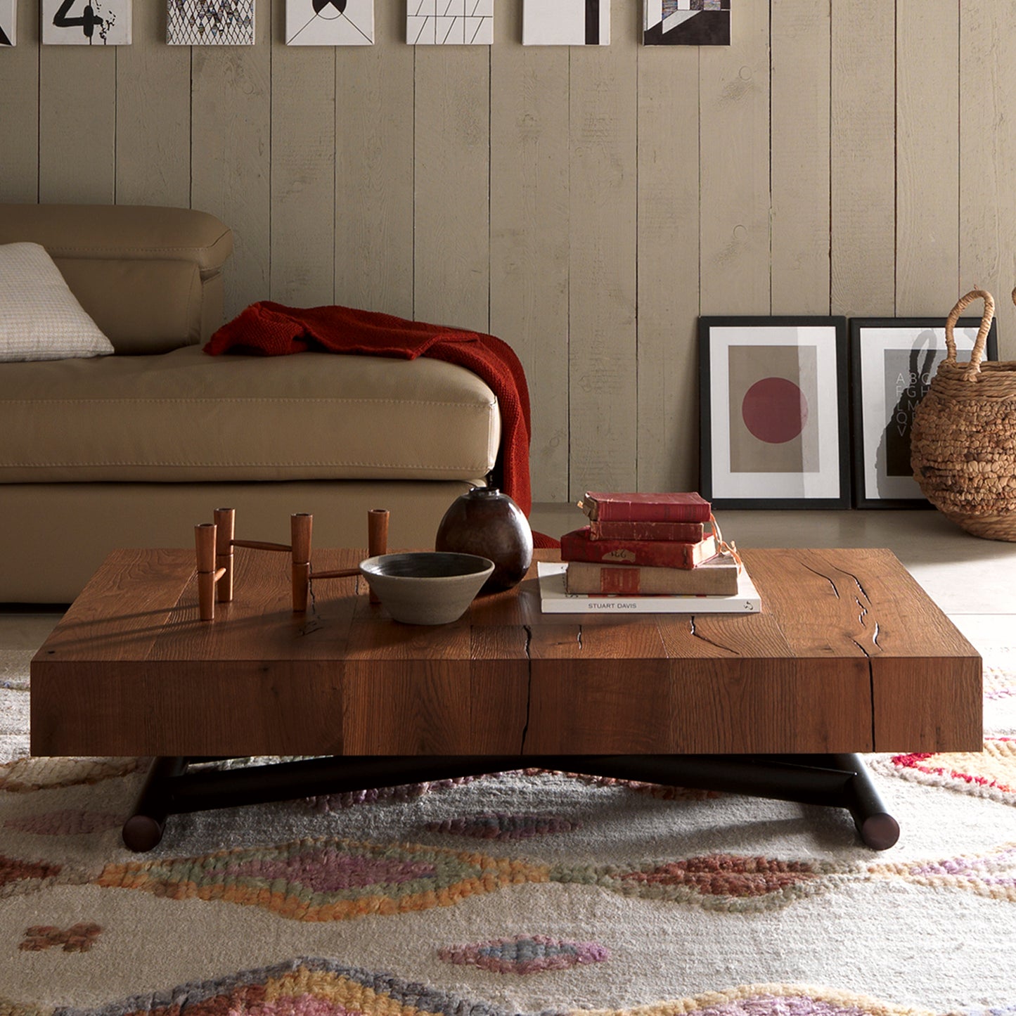 Double convertible table by Altacom in closed position as low profile coffee table with wood finish in living room