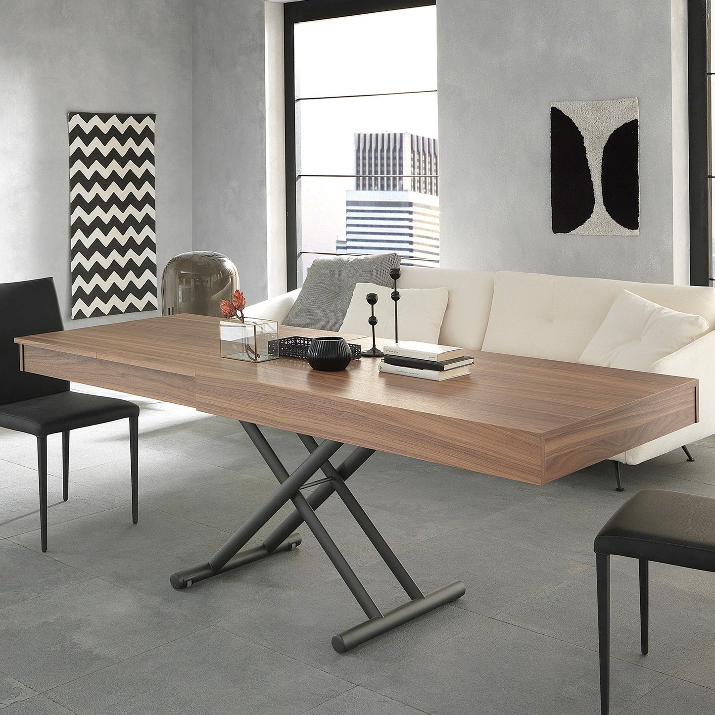 Febo convertible table by Altacom fully extended to large dining table seating up to 6 to 8 people with wood finish