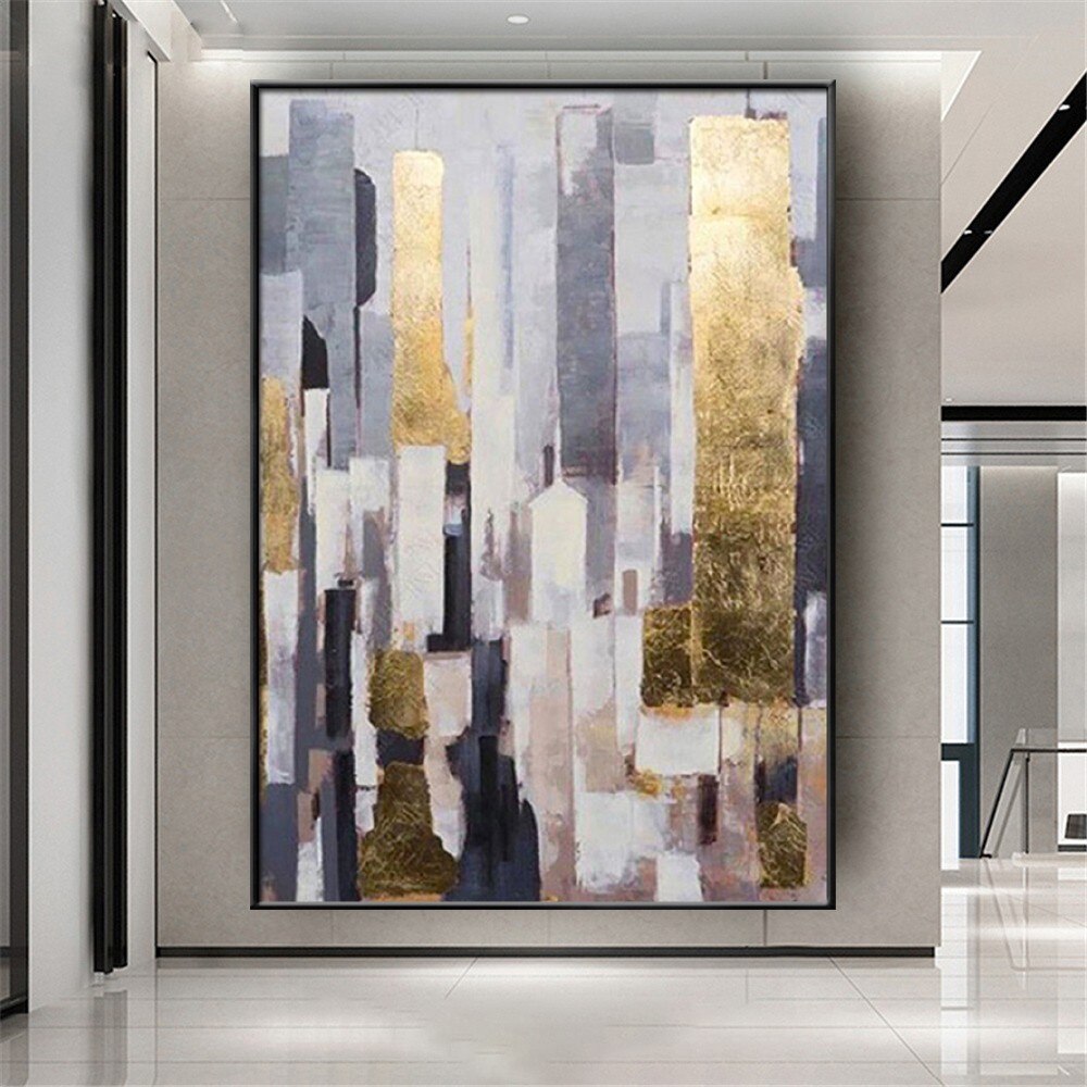 Urban abstract painting with white grey and golden buildings