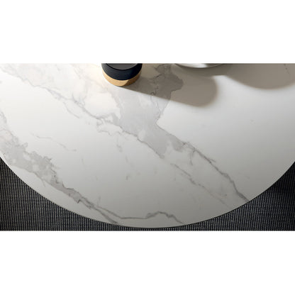 Close-up of Helios transforming table by Altacom with white marble-effect ceramic top and rounded edge