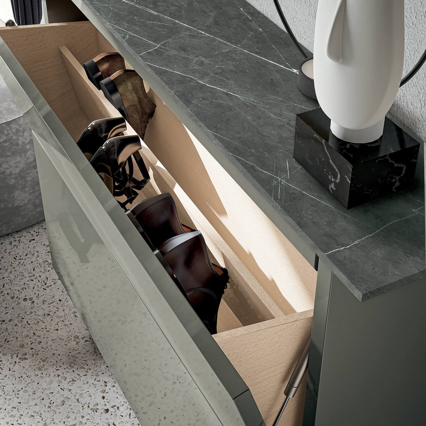 Hosoi modern shoe storage with resin shelf top by Birex - myitalianliving