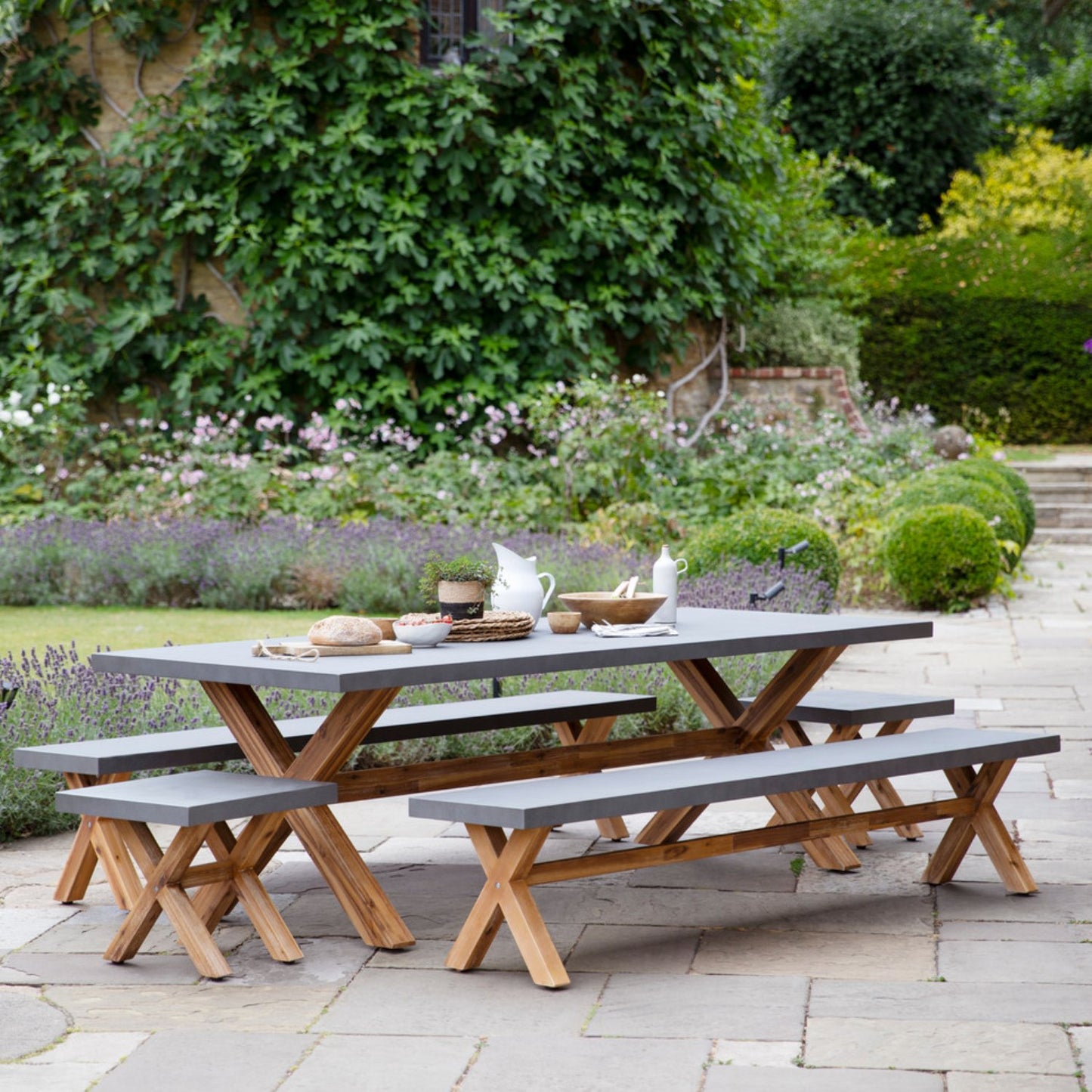 Large Burford Table and Bench Set in Grey by Garden Trading - Polystone