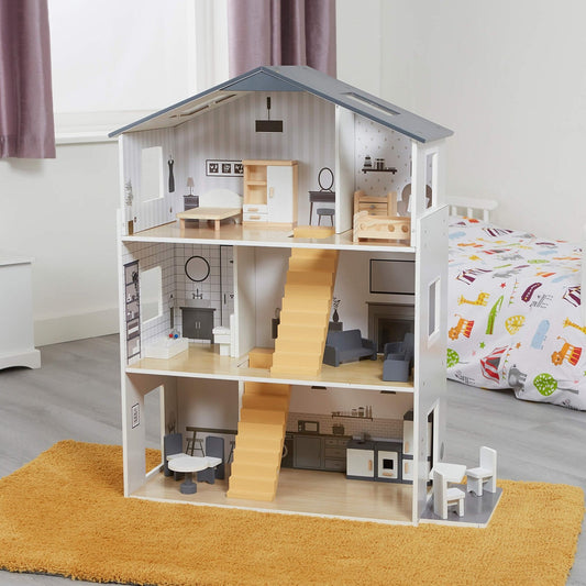 Contemporary Dolls House with 18 Handcrafted Wood Furniture Accessories by Liberty House Toys