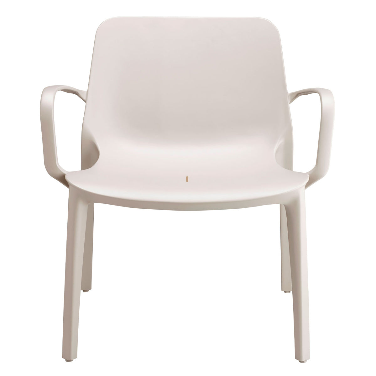 SCAB Hug armchair in linen white with integrated armrests and a smooth contemporary shell, crafted from recycled technopolymer for stackable indoor and outdoor dining spaces, Made in Italy