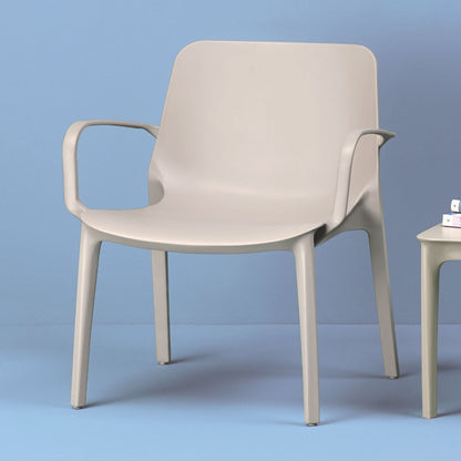 SCAB Hug armchair in linen white displayed in a contemporary setting, featuring integrated armrests and a recycled technopolymer shell for stylish indoor and outdoor dining, Made in Italy